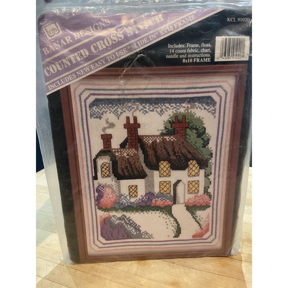 Vtg Banar Designs Counted Cross Stitch Kit English Cottage 8 X 10 Slide In Frame